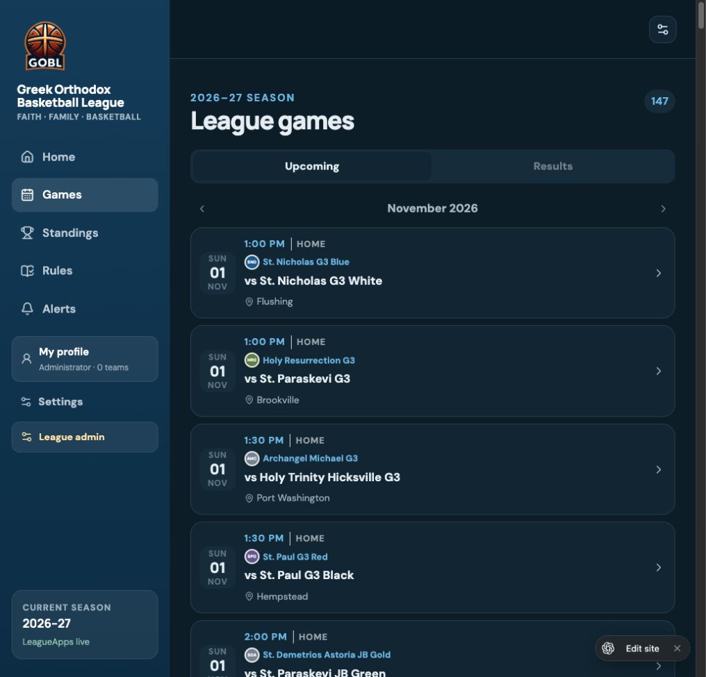GOBL league games interface showing upcoming basketball fixtures