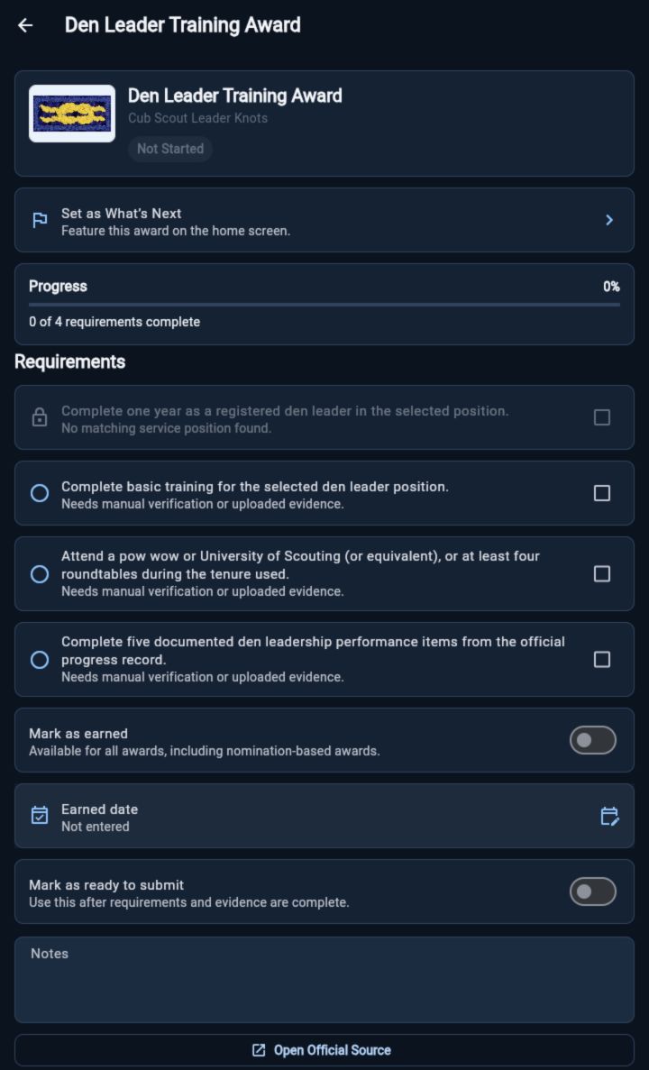KnotTrack award requirements and progress screen