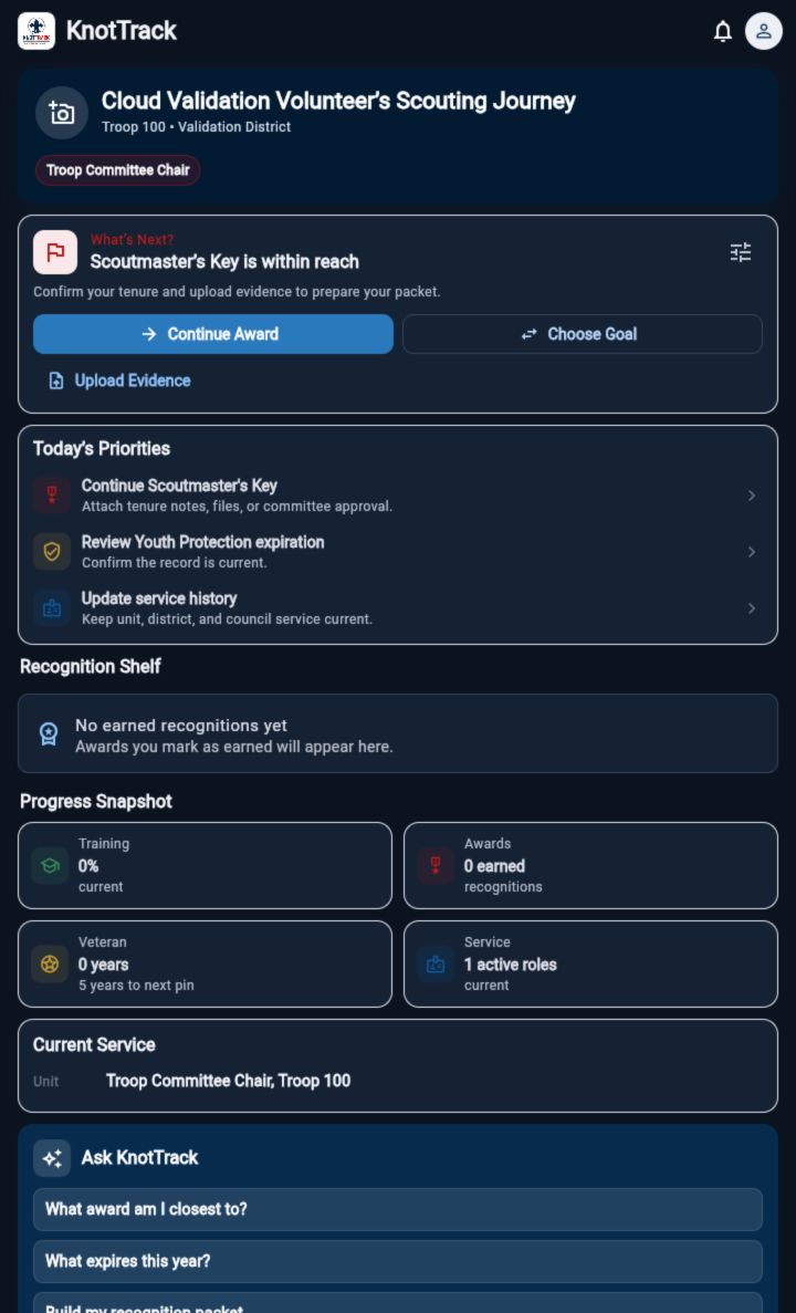 KnotTrack dashboard showing award goals, training, and service progress